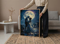 Skeleton Kiss Art, Full Moon Print, Gothic Romance Decor, Impasto Oil Painting, Night Sky, Cemetery Art, Dark Fantasy Love
