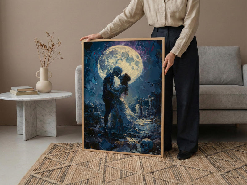 Skeleton Kiss Art, Full Moon Print, Gothic Romance Decor, Impasto Oil Painting, Night Sky, Cemetery Art, Dark Fantasy Love