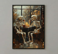 Skeleton Coffee Art, Cozy Goth Decor, Rainy Day Print, Impasto Oil Painting, Cafe Scene, Coffee Lover Gift, Whimsical Dark Art
