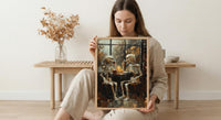 Skeleton Coffee Art, Cozy Goth Decor, Rainy Day Print, Impasto Oil Painting, Cafe Scene, Coffee Lover Gift, Whimsical Dark Art