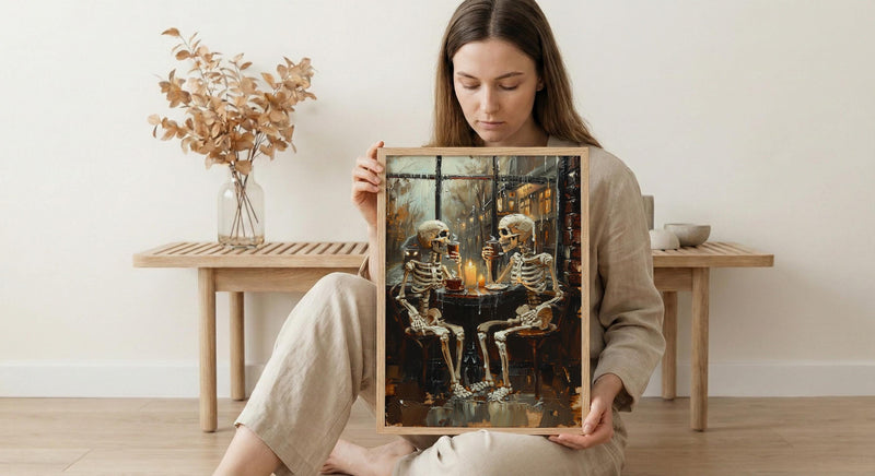 Skeleton Coffee Art, Cozy Goth Decor, Rainy Day Print, Impasto Oil Painting, Cafe Scene, Coffee Lover Gift, Whimsical Dark Art