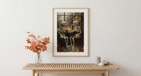 Skeleton Coffee Art, Cozy Goth Decor, Rainy Day Print, Impasto Oil Painting, Cafe Scene, Coffee Lover Gift, Whimsical Dark Art