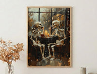 Skeleton Coffee Art, Cozy Goth Decor, Rainy Day Print, Impasto Oil Painting, Cafe Scene, Coffee Lover Gift, Whimsical Dark Art