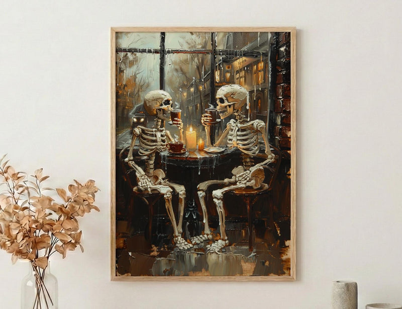 Skeleton Coffee Art, Cozy Goth Decor, Rainy Day Print, Impasto Oil Painting, Cafe Scene, Coffee Lover Gift, Whimsical Dark Art