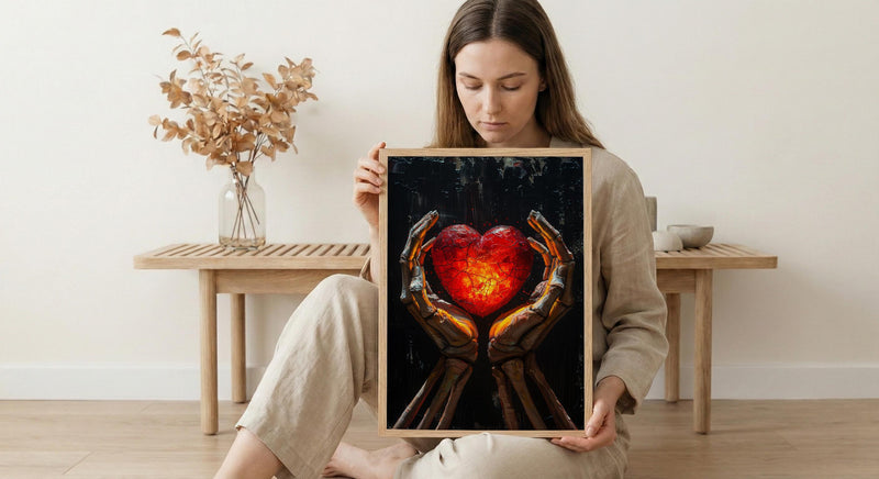 Skeleton Hands Heart, Anatomical Heart Art, Dark Love Print, Impasto Oil Painting, Gothic Symbol, Medical Decor, Eternal Love