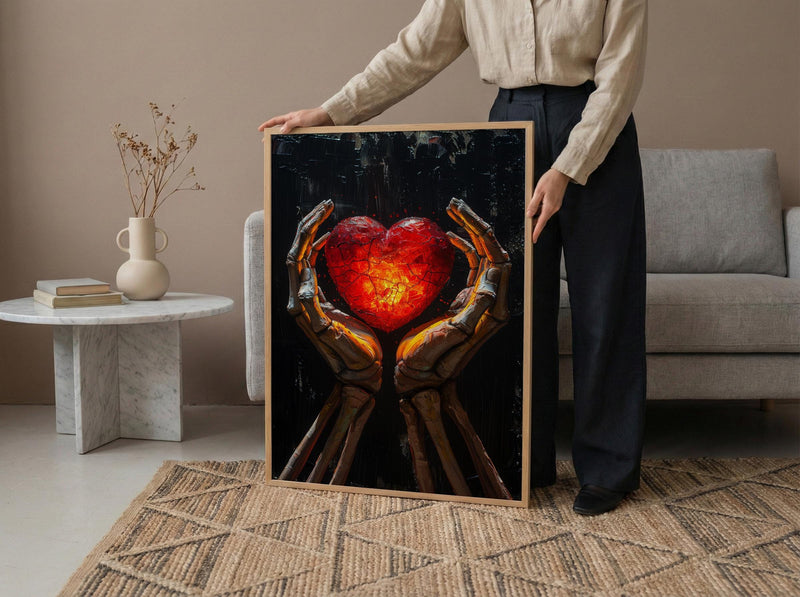 Skeleton Hands Heart, Anatomical Heart Art, Dark Love Print, Impasto Oil Painting, Gothic Symbol, Medical Decor, Eternal Love