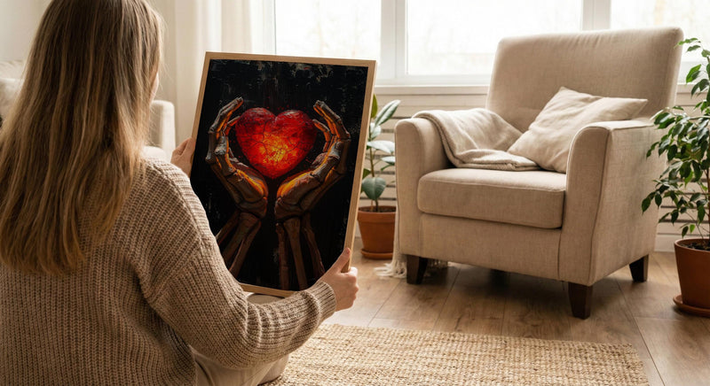 Skeleton Hands Heart, Anatomical Heart Art, Dark Love Print, Impasto Oil Painting, Gothic Symbol, Medical Decor, Eternal Love