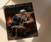 Skeleton with Cat Art, Black Cat Print, Cozy Gothic Decor, Impasto Oil Painting, Fireplace Scene, Cat Lover Gift, Whimsical Art