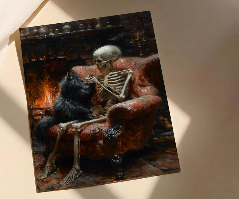 Skeleton with Cat Art, Black Cat Print, Cozy Gothic Decor, Impasto Oil Painting, Fireplace Scene, Cat Lover Gift, Whimsical Art