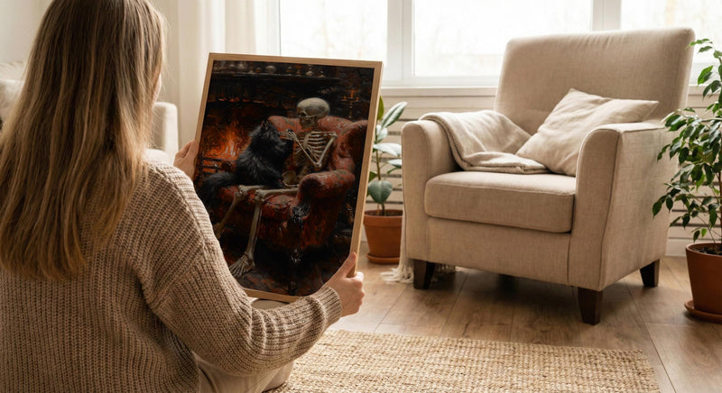 Skeleton with Cat Art, Black Cat Print, Cozy Gothic Decor, Impasto Oil Painting, Fireplace Scene, Cat Lover Gift, Whimsical Art