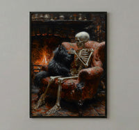 Skeleton with Cat Art, Black Cat Print, Cozy Gothic Decor, Impasto Oil Painting, Fireplace Scene, Cat Lover Gift, Whimsical Art