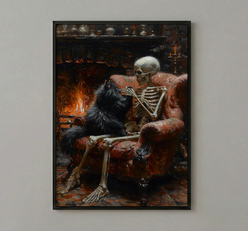 Skeleton with Cat Art, Black Cat Print, Cozy Gothic Decor, Impasto Oil Painting, Fireplace Scene, Cat Lover Gift, Whimsical Art
