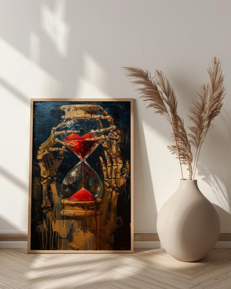 Hourglass Art Print, Skeleton Time Decor, Memento Mori, Impasto Oil Painting, Red Sand, Gothic Symbolism, Philosophical Art