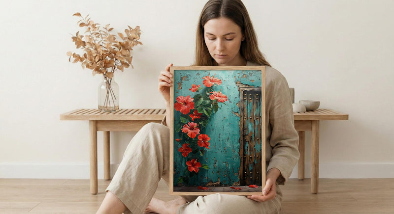 Zanzibar Door Print, Stone Town Wall Art, Turquoise Coastal Decor, Impasto Oil Painting, Tropical Hibiscus, Tanzania Gift