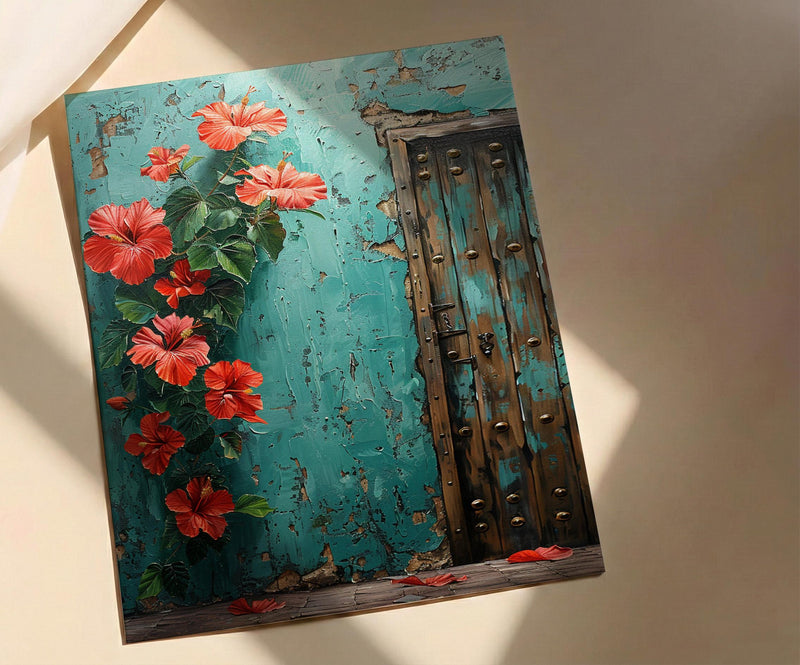 Zanzibar Door Print, Stone Town Wall Art, Turquoise Coastal Decor, Impasto Oil Painting, Tropical Hibiscus, Tanzania Gift