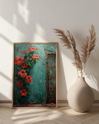 Zanzibar Door Print, Stone Town Wall Art, Turquoise Coastal Decor, Impasto Oil Painting, Tropical Hibiscus, Tanzania Gift
