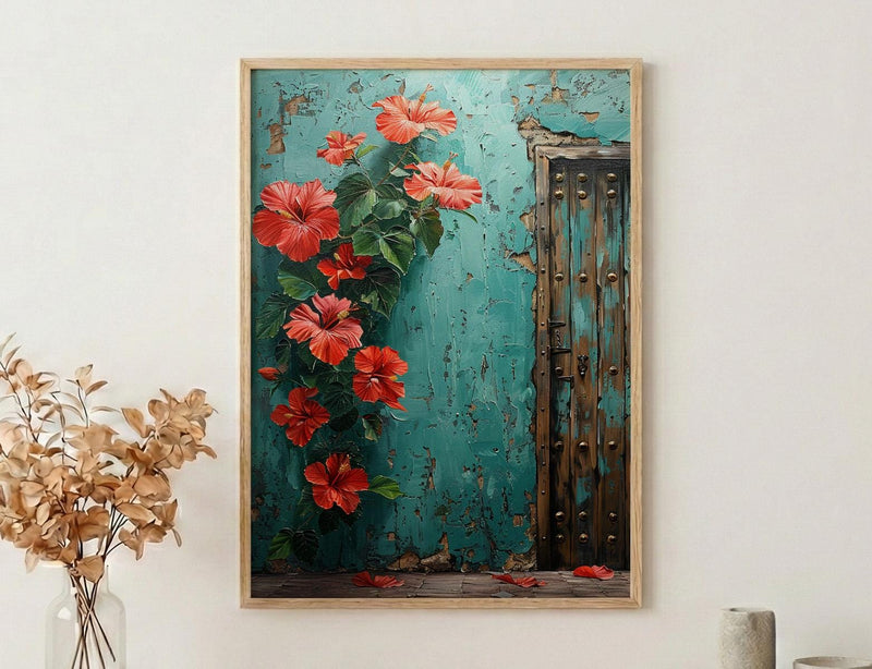 Zanzibar Door Print, Stone Town Wall Art, Turquoise Coastal Decor, Impasto Oil Painting, Tropical Hibiscus, Tanzania Gift