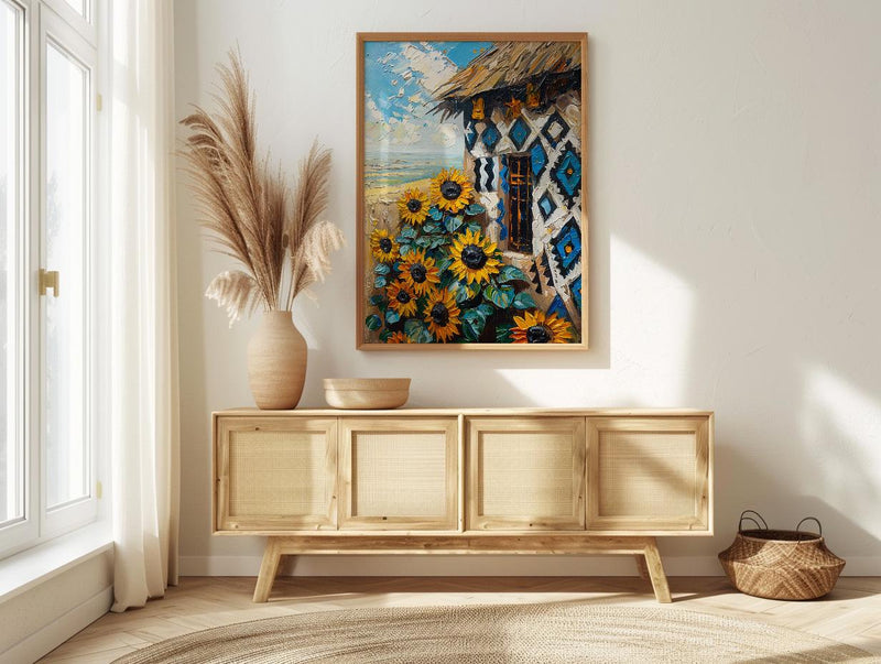 African Tribal Art, Ndebele Geometric Print, Colorful South Africa Wall Decor, Impasto Sunflower Painting, Modern Heritage