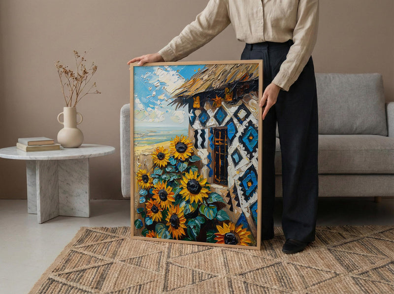 African Tribal Art, Ndebele Geometric Print, Colorful South Africa Wall Decor, Impasto Sunflower Painting, Modern Heritage