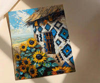 African Tribal Art, Ndebele Geometric Print, Colorful South Africa Wall Decor, Impasto Sunflower Painting, Modern Heritage