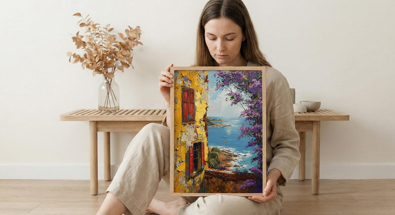 West African Wall Art, Senegal Goree Island Print, Colonial Yellow House, Impasto Jacaranda Painting, Nostalgic Travel Poster