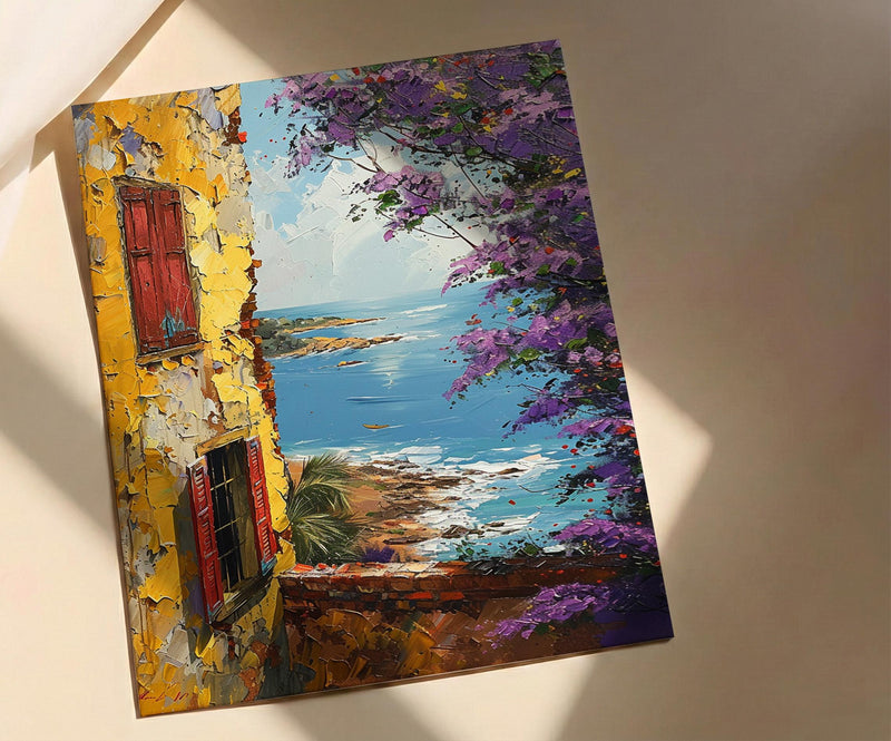 West African Wall Art, Senegal Goree Island Print, Colonial Yellow House, Impasto Jacaranda Painting, Nostalgic Travel Poster