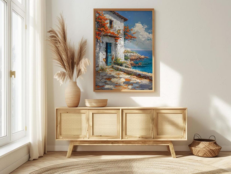 Kenya Wall Art, Lamu Island Print, Swahili Coastal Decor, Impasto Cyan Door Painting, Bougainvillea Flower, Beach House Art