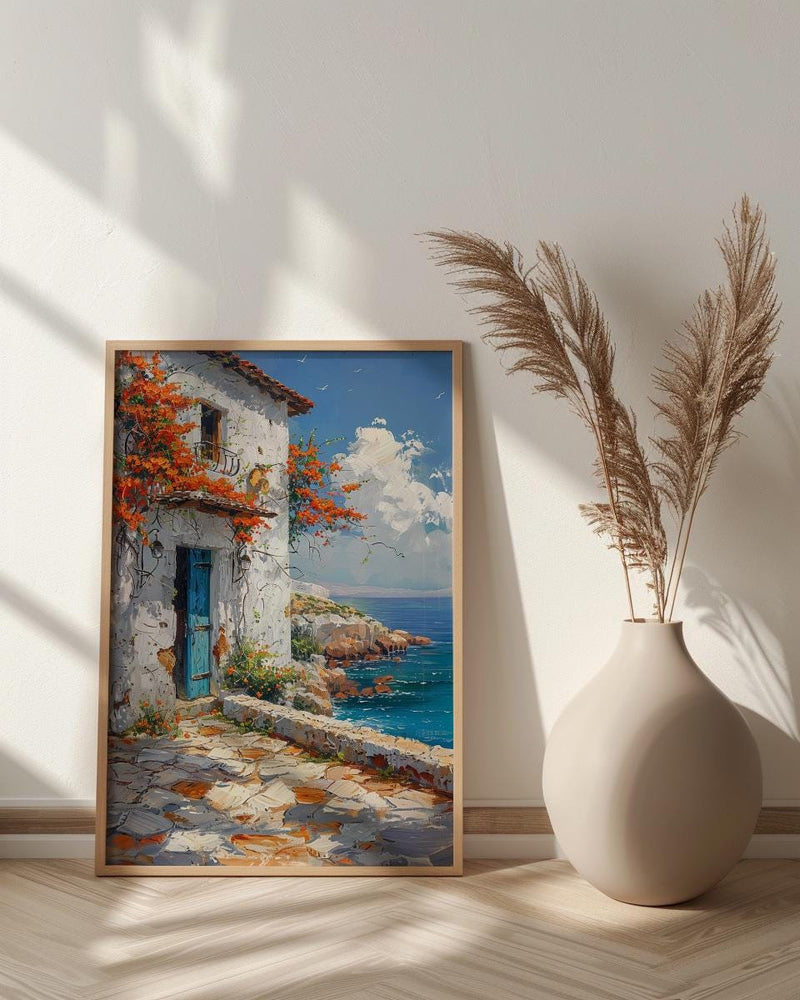 Kenya Wall Art, Lamu Island Print, Swahili Coastal Decor, Impasto Cyan Door Painting, Bougainvillea Flower, Beach House Art