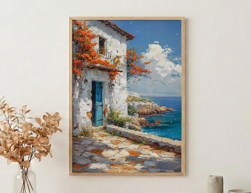 Kenya Wall Art, Lamu Island Print, Swahili Coastal Decor, Impasto Cyan Door Painting, Bougainvillea Flower, Beach House Art