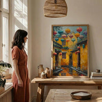 Vietnam Wall Art, Hoi An Ancient Town Print, Yellow Wall, Impasto Oil Painting, Silk Lanterns, Rainy Reflection