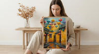 Vietnam Wall Art, Hoi An Ancient Town Print, Yellow Wall, Impasto Oil Painting, Silk Lanterns, Rainy Reflection