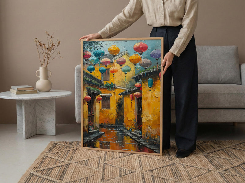 Vietnam Wall Art, Hoi An Ancient Town Print, Yellow Wall, Impasto Oil Painting, Silk Lanterns, Rainy Reflection