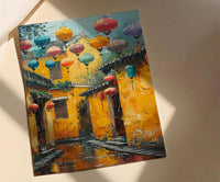 Vietnam Wall Art, Hoi An Ancient Town Print, Yellow Wall, Impasto Oil Painting, Silk Lanterns, Rainy Reflection
