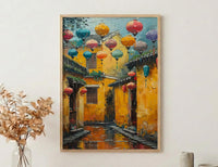 Vietnam Wall Art, Hoi An Ancient Town Print, Yellow Wall, Impasto Oil Painting, Silk Lanterns, Rainy Reflection
