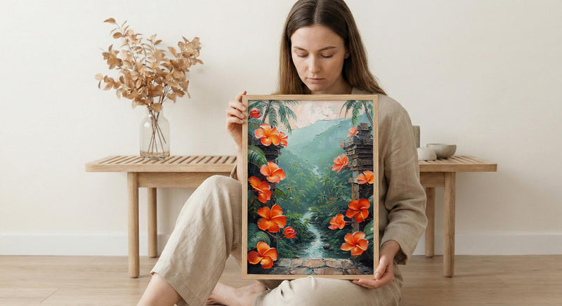 Bali Wall Art, Temple Gate Print, Jungle Decor, Impasto Oil Painting, Frangipani Flowers, Tropical Zen, Gift