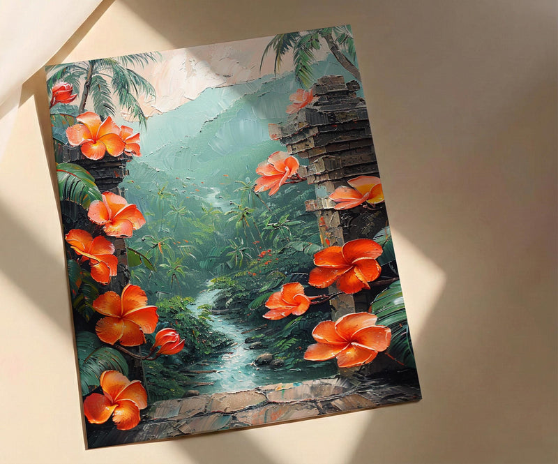 Bali Wall Art, Temple Gate Print, Jungle Decor, Impasto Oil Painting, Frangipani Flowers, Tropical Zen, Gift