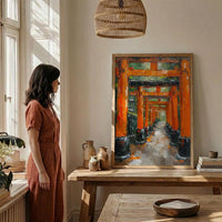 Kyoto Wall Art, Torii Gate Print, Japan Shrine Decor, Impasto Oil Painting, Red Columns, Green Maple, Spiritual