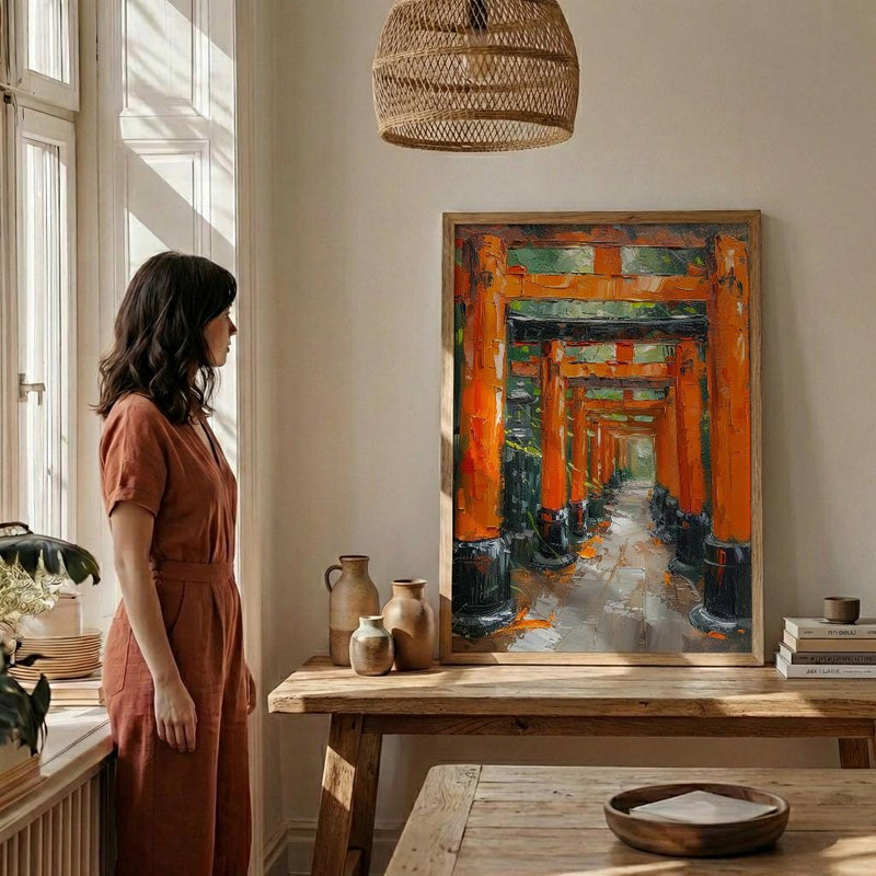 Kyoto Wall Art, Torii Gate Print, Japan Shrine Decor, Impasto Oil Painting, Red Columns, Green Maple, Spiritual