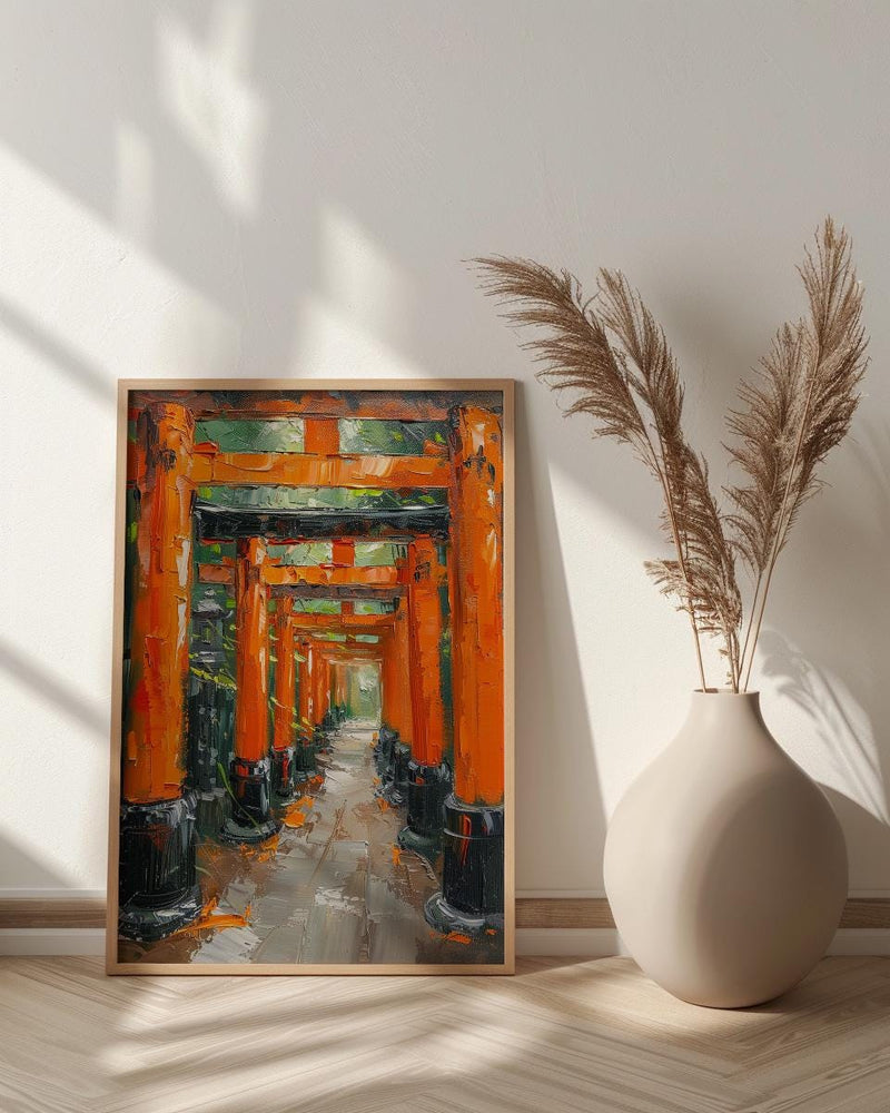 Kyoto Wall Art, Torii Gate Print, Japan Shrine Decor, Impasto Oil Painting, Red Columns, Green Maple, Spiritual