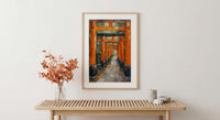 Kyoto Wall Art, Torii Gate Print, Japan Shrine Decor, Impasto Oil Painting, Red Columns, Green Maple, Spiritual