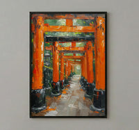Kyoto Wall Art, Torii Gate Print, Japan Shrine Decor, Impasto Oil Painting, Red Columns, Green Maple, Spiritual