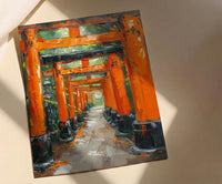 Kyoto Wall Art, Torii Gate Print, Japan Shrine Decor, Impasto Oil Painting, Red Columns, Green Maple, Spiritual