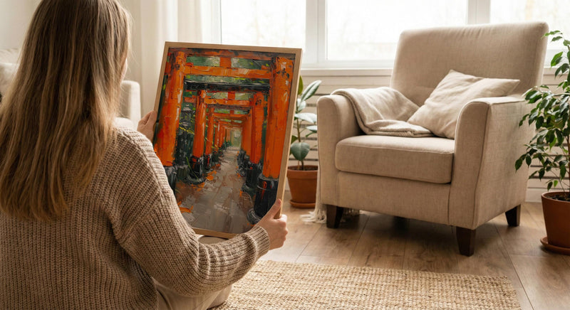 Kyoto Wall Art, Torii Gate Print, Japan Shrine Decor, Impasto Oil Painting, Red Columns, Green Maple, Spiritual