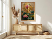 Thailand Wall Art, Golden Temple Print, Mosaic Decor, Impasto Oil Painting, Pink Lotus, Buddhist Art, Spiritual