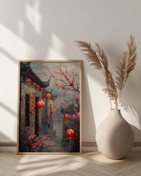China Wall Art, Red Lantern Print, Plum Blossom Decor, Impasto Oil Painting, Grey Brick Wall, Traditional Asian