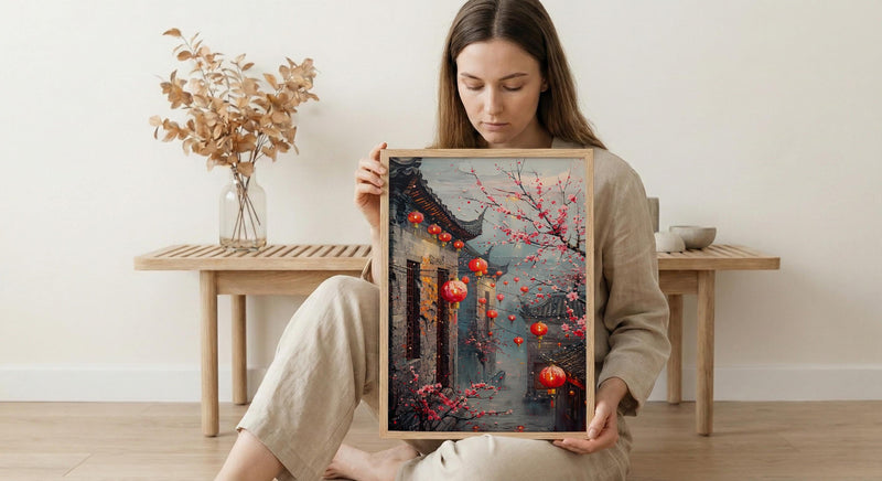 China Wall Art, Red Lantern Print, Plum Blossom Decor, Impasto Oil Painting, Grey Brick Wall, Traditional Asian