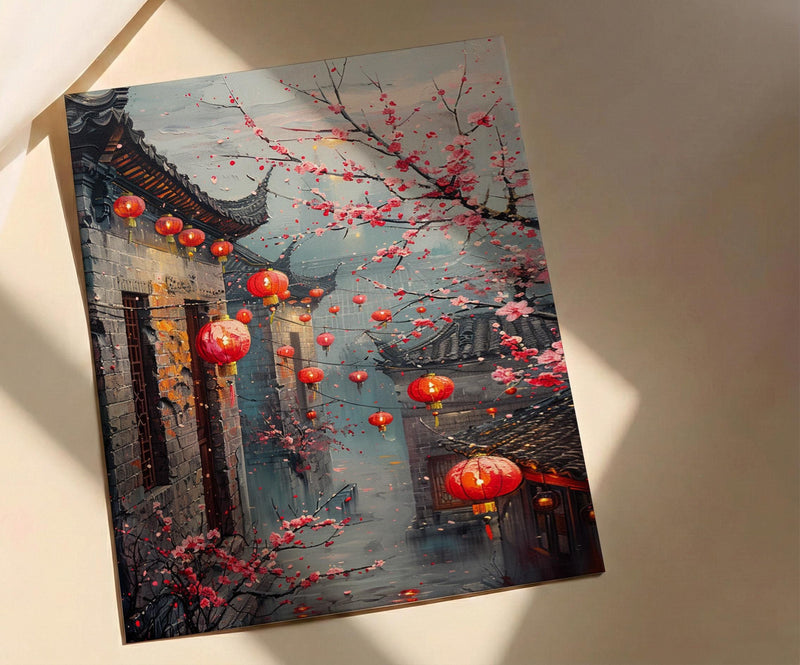 China Wall Art, Red Lantern Print, Plum Blossom Decor, Impasto Oil Painting, Grey Brick Wall, Traditional Asian