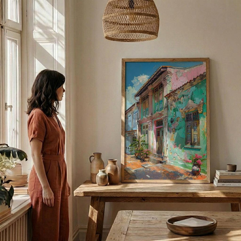 Singapore Wall Art, Peranakan Shophouse Print, Pastel House, Impasto Oil Painting, Ceramic Tiles, Architectural