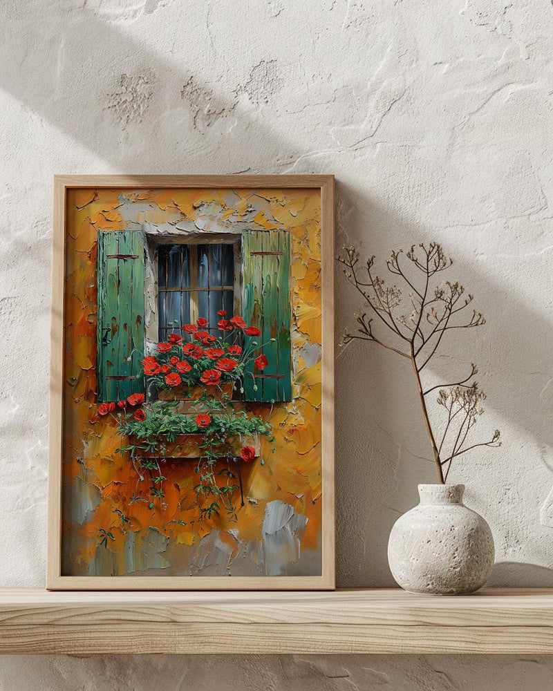 Tuscany Wall Art, Italian Villa Print, Ochre Wall Decor, Impasto Oil Painting, Red Poppies, Rustic Kitchen Art