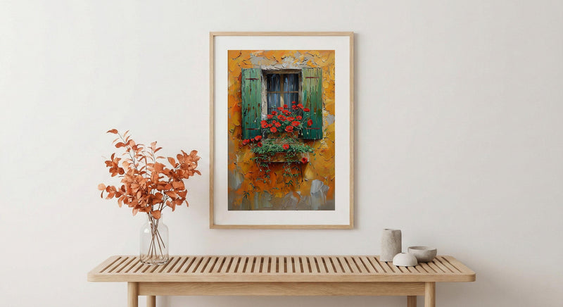 Tuscany Wall Art, Italian Villa Print, Ochre Wall Decor, Impasto Oil Painting, Red Poppies, Rustic Kitchen Art